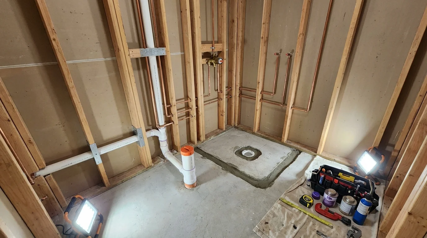 Bathroom rough-in plumbing during remodel by Johns Plumbing LLC in Scotland
