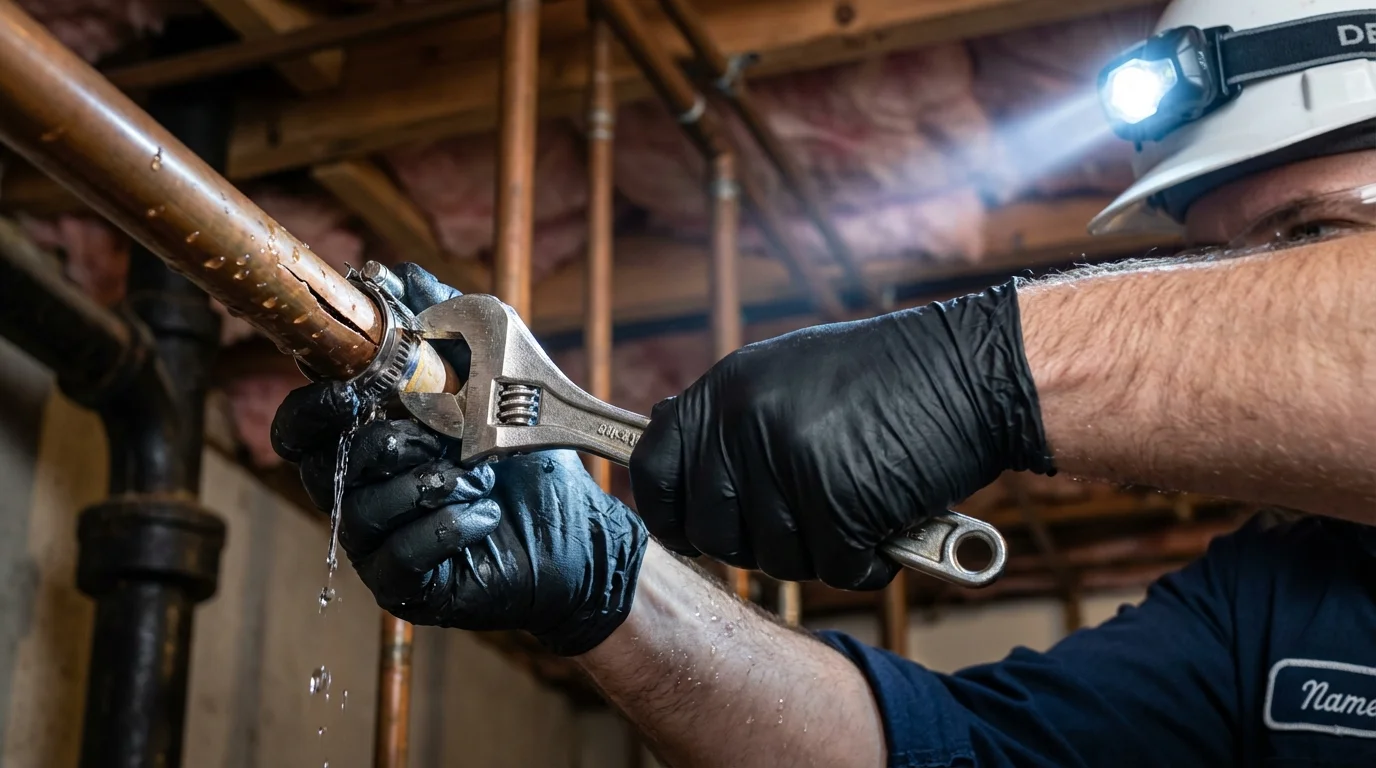 Emergency pipe clamp repair being performed by a Johns Plumbing LLC plumber in Scotland