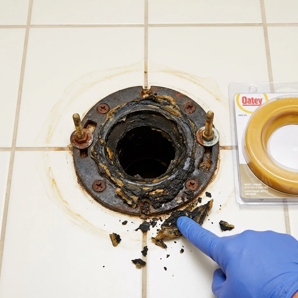 Failed wax ring showing water seepage at the base of a toilet in a Scotland, PA home