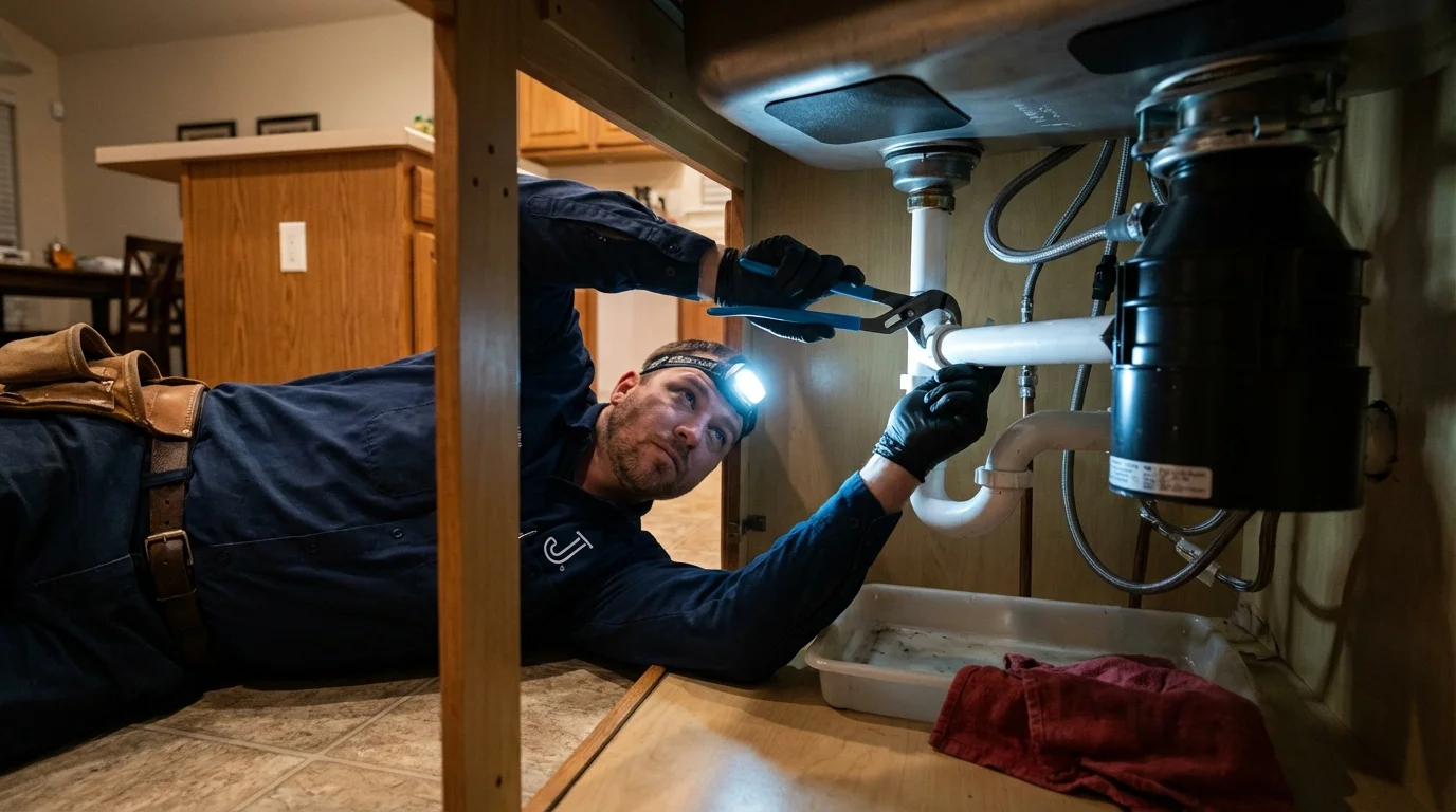 P-trap and supply line connections under a kitchen sink showing a common leak point in Scotland, PA